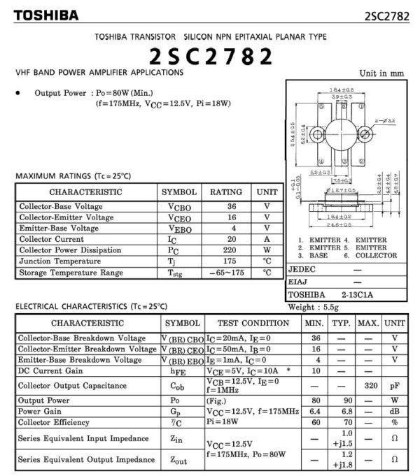 TOSHIBA 2SC2782 RF/VHF/UHF Japan - Imagen 3
