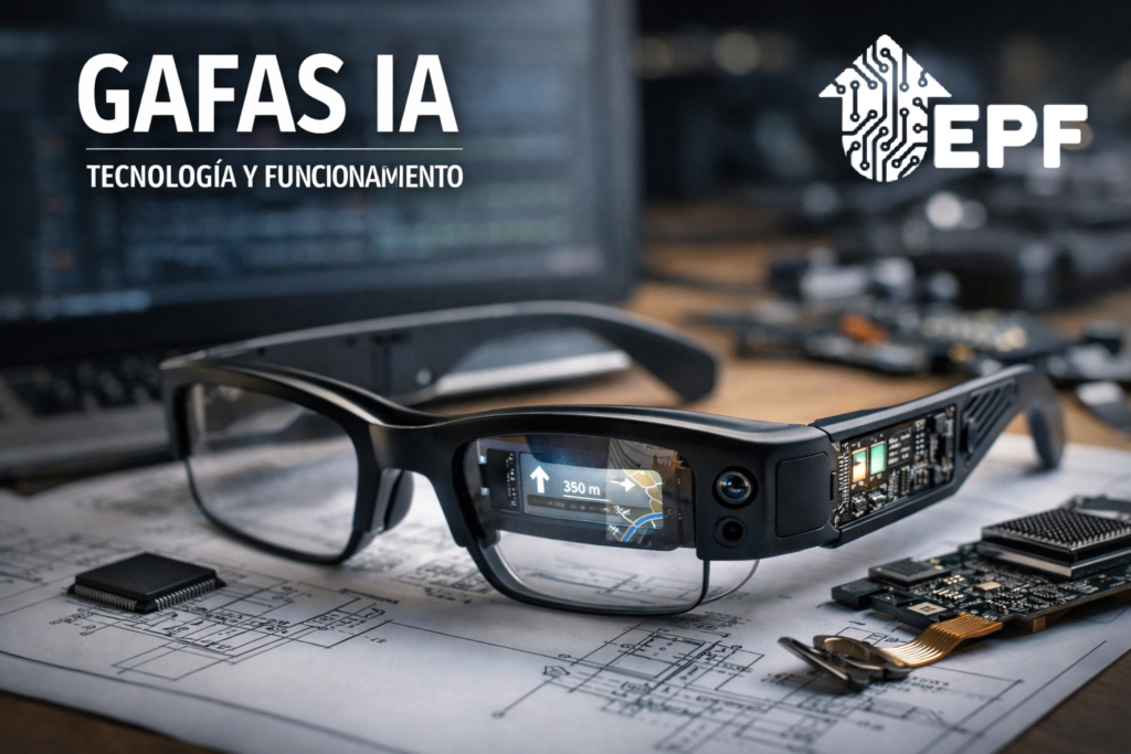 Gafas con inteligencia artificial sobre mesa de ingeniería
