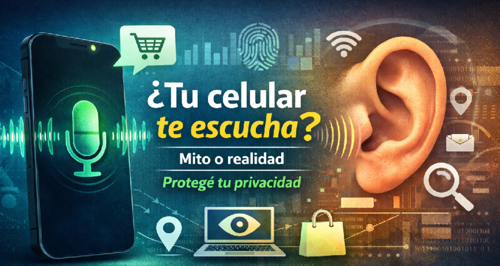 Ilustración digital de un smartphone con ícono de micrófono activo y ondas de sonido frente a una oreja humana, con el texto “¿Tu celular te escucha? Mito o realidad – Protegé tu privacidad” y gráficos de datos y publicidad de fondo.