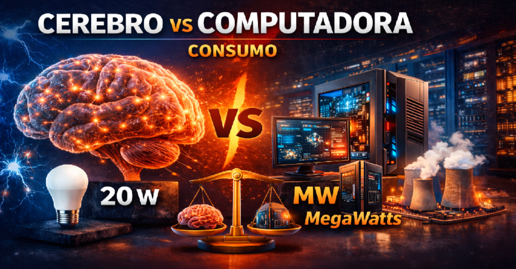 Ilustración comparativa cerebro vs computadora consumo: cerebro humano iluminado con 20 W frente a centro de cómputo en megawatts, balanza mostrando diferencia de energía.