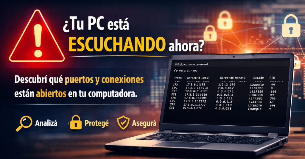 seguridad informática puertos abiertos en Windows auditoría de red básica netstat tutorial protección de PC