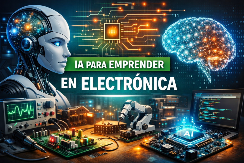 Ilustración de inteligencia artificial aplicada a la electrónica con robot, microchips, circuitos y computadora programando proyectos tecnológicos.