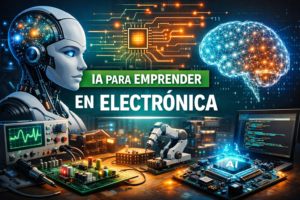 Ilustración de inteligencia artificial aplicada a la electrónica con robot, microchips, circuitos y computadora programando proyectos tecnológicos.