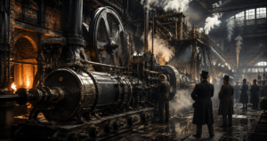 Máquina de vapor industrial durante el nacimiento de la termodinámica en la Revolución Industrial