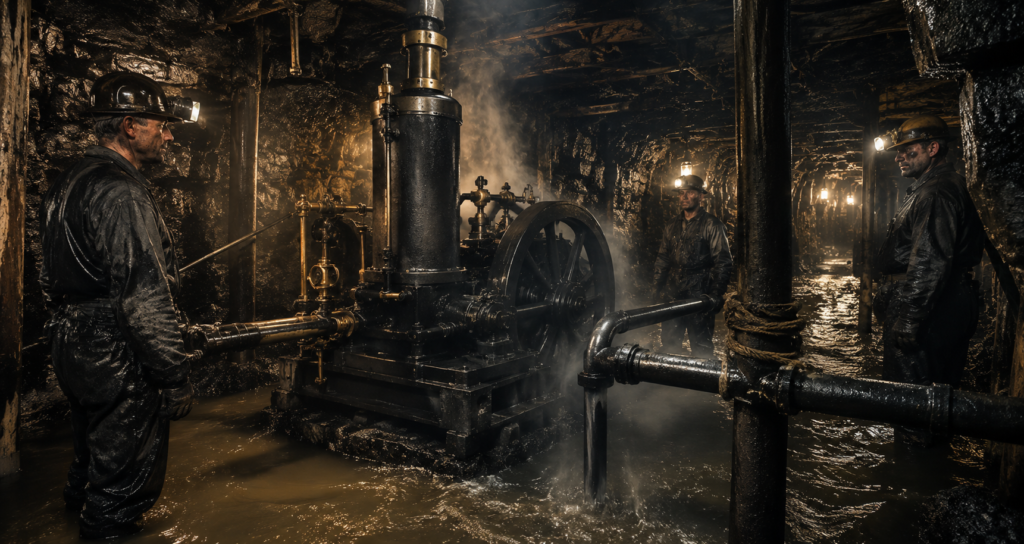 Máquina de vapor drenando agua en minas de carbón del siglo XVIII