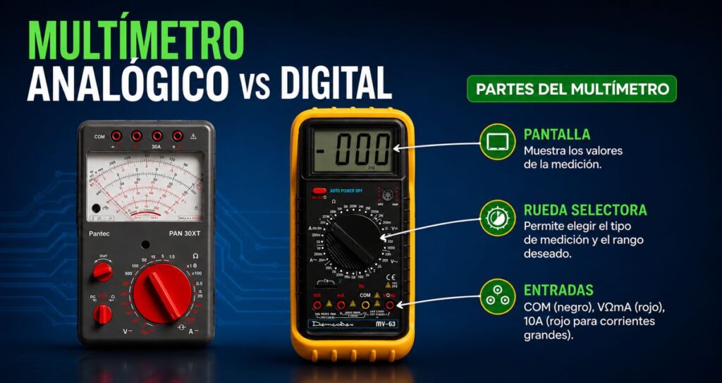 Partes de un multímetro digital: pantalla, rueda selectora y entradas