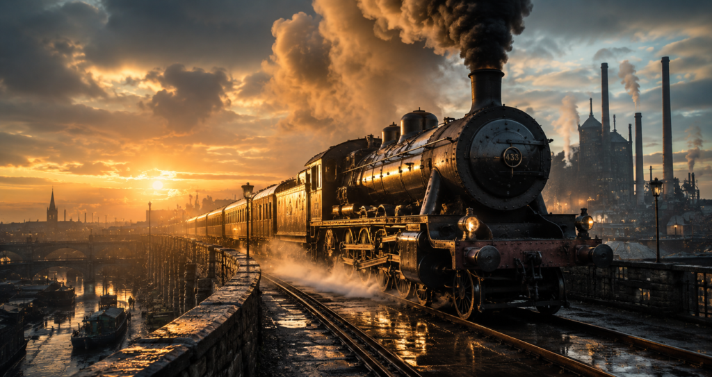 Locomotora a vapor durante la Revolución Industrial europea