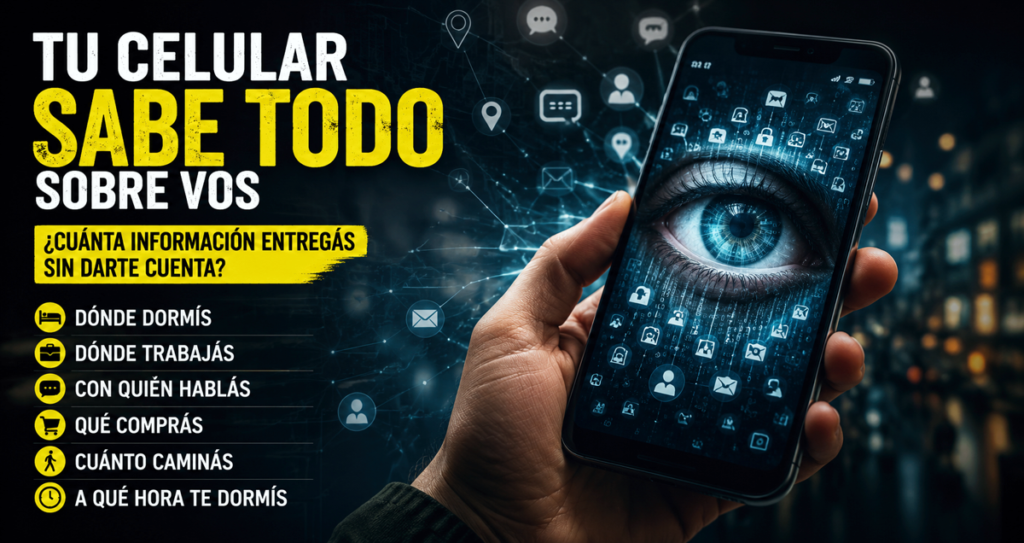 Ilustración de un celular recopilando datos personales del usuario como ubicación, hábitos, contactos y actividad diaria