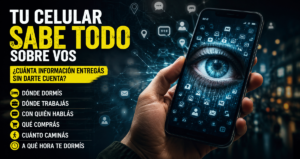 Ilustración de un celular recopilando datos personales del usuario como ubicación, hábitos, contactos y actividad diaria