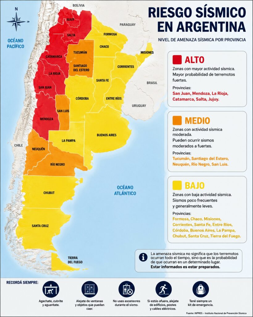 Riesgo Sísmico en Argentina, mapa coloreado.