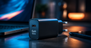 Cargador USB-C moderno con tecnología GaN que muestra por qué los cargadores son tan pequeños.
