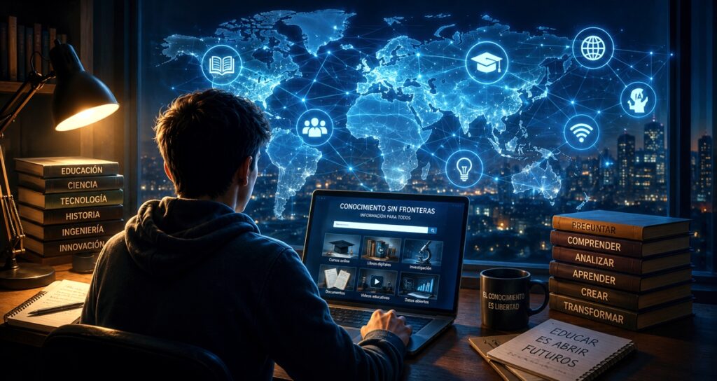 La Democratización del conocimiento digital mediante Internet e Inteligencia Artificial representada por una persona conectada a una red global de información.