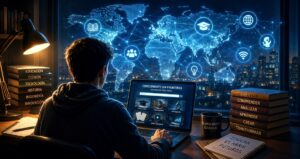 La Democratización del conocimiento digital mediante Internet e Inteligencia Artificial representada por una persona conectada a una red global de información.