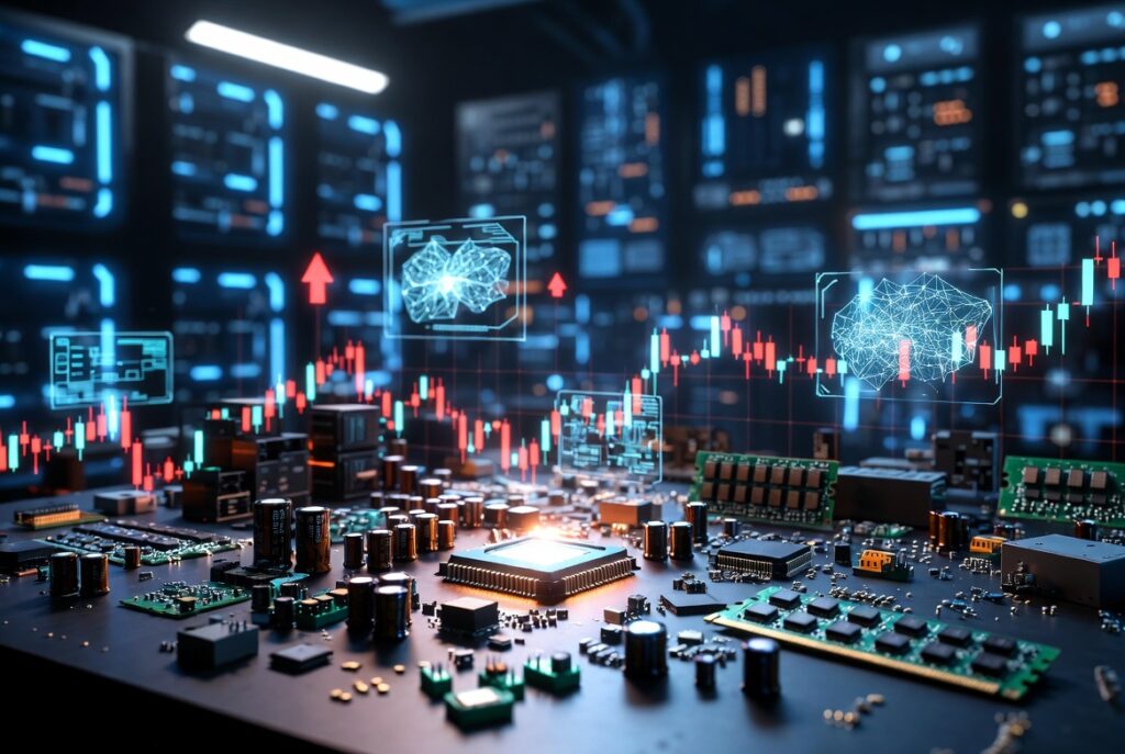 Componentes electrónicos y chips de memoria con gráfico de aumento de precios impulsado por la IA