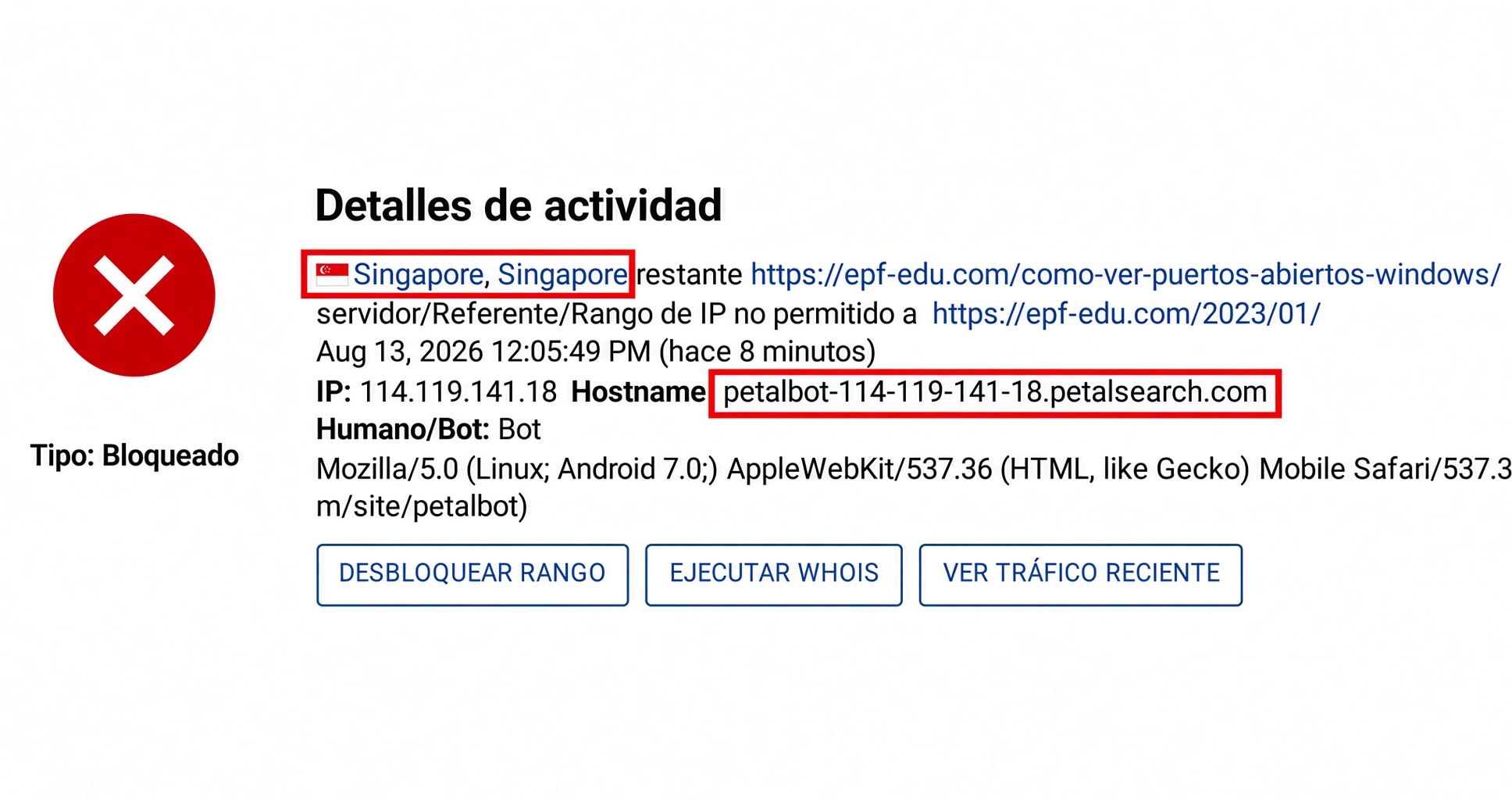 PetalBot y las prácticas invasivas Petal Search Huawei - Captura de nuestrp Servidor