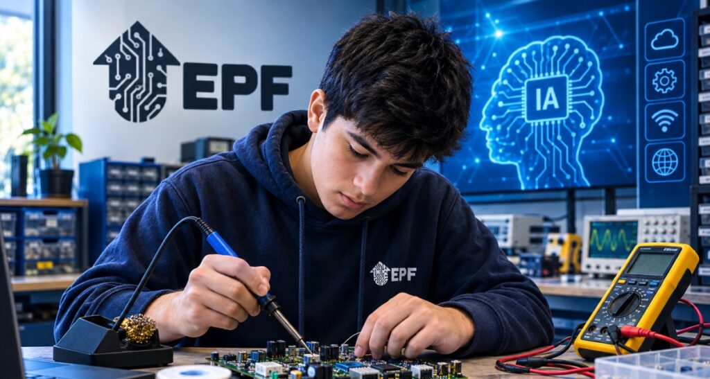 Joven aprendiendo reparación de dispositivos electrónicos en un taller de Electrónica Para el Futuro