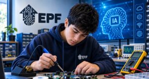 Joven aprendiendo reparación de dispositivos electrónicos en un taller de Electrónica Para el Futuro
