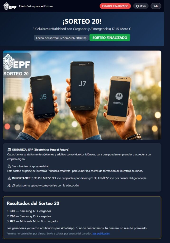 Vista Pública del sistema de sorteos de EPF