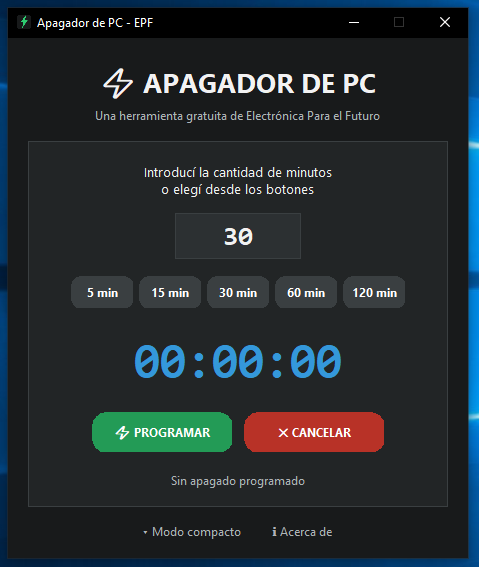 Ventana del Apagador de PC de EPF para apagar la PC automáticamente después de una película o el noticiero.