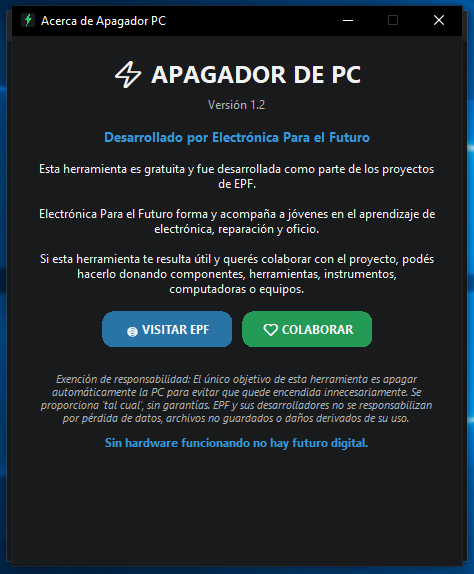 Ventana Acerca de del Apagador de PC, desarrollada por Electrónica Para el Futuro.
